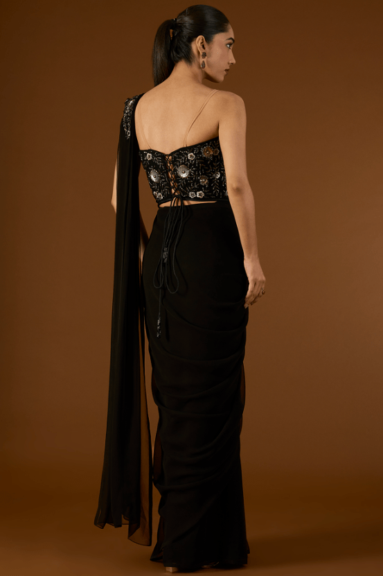 Black Georgette Pre-Draped Saree Set - Image 2