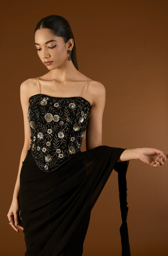 Black Georgette Pre-Draped Saree Set - Image 3