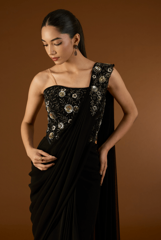 Black Georgette Pre-Draped Saree Set - Image 4