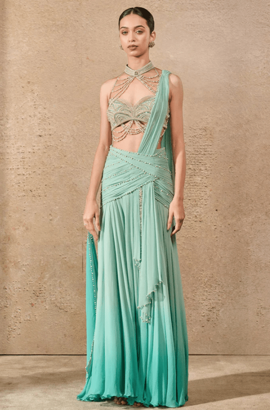 Sea Green Chiffon Pearl Embroidered Concept Saree Set