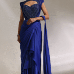 Abyss Blue Imported Satin Embroidered Pre-Draped Gown Saree