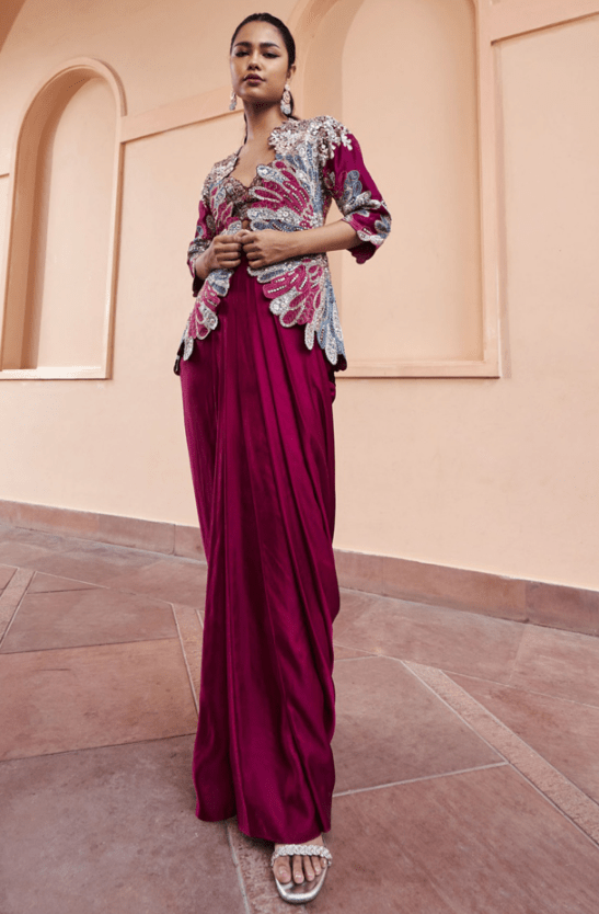 Sangria Plum Mulberry Silk Zardosi Embroidered Jacket Set