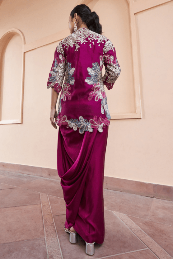 Sangria Plum Mulberry Silk Zardosi Embroidered Jacket Set - Image 2