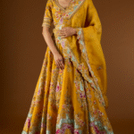 Mustard Brocade & Organza Hand & Machine Embroidered Kali Lehenga Set