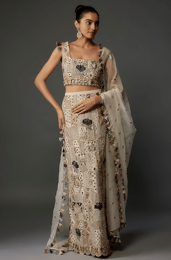 Off-White Georgette Embroidered Lehenga Set