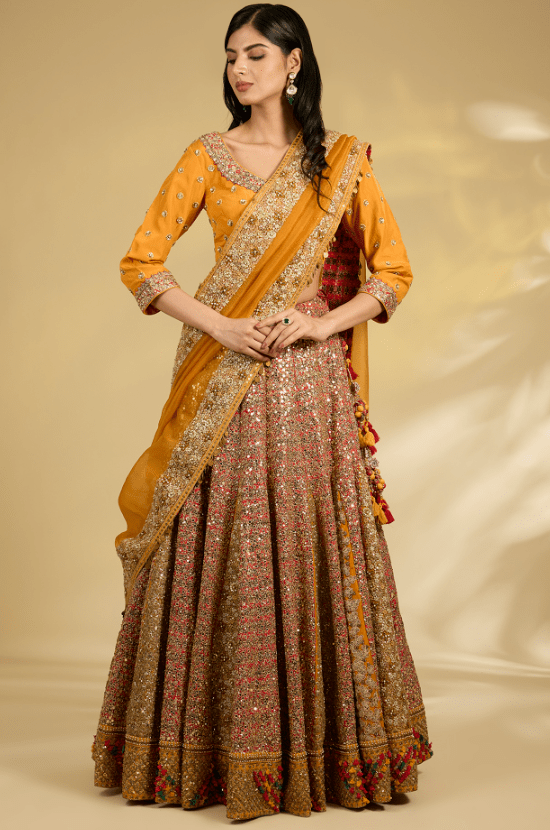 Burnt Orange Silk Hand & Machine Embroidered Lehenga Set