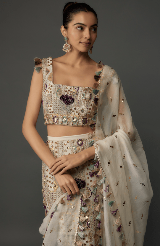 Off-White Georgette Embroidered Lehenga Set - Image 4