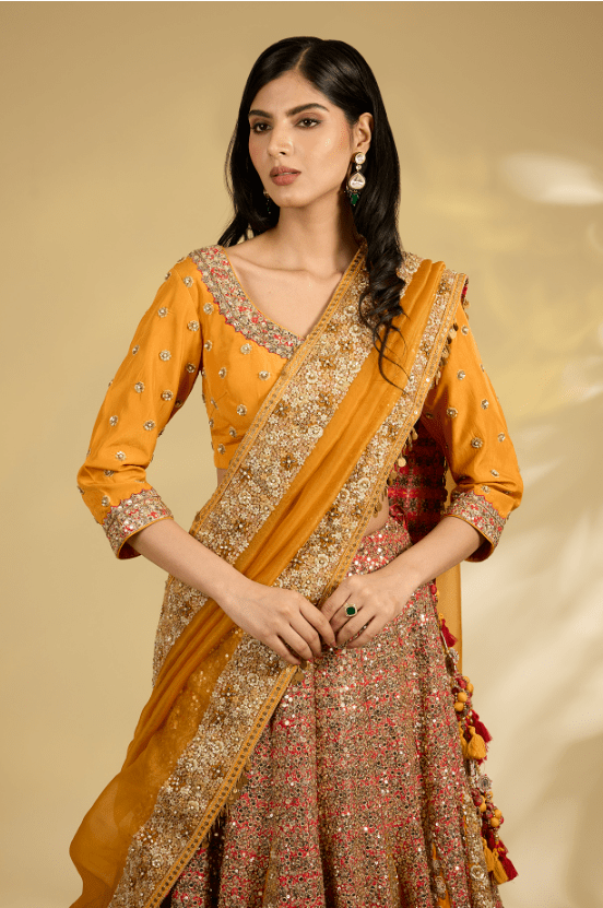 Burnt Orange Silk Hand & Machine Embroidered Lehenga Set - Image 4