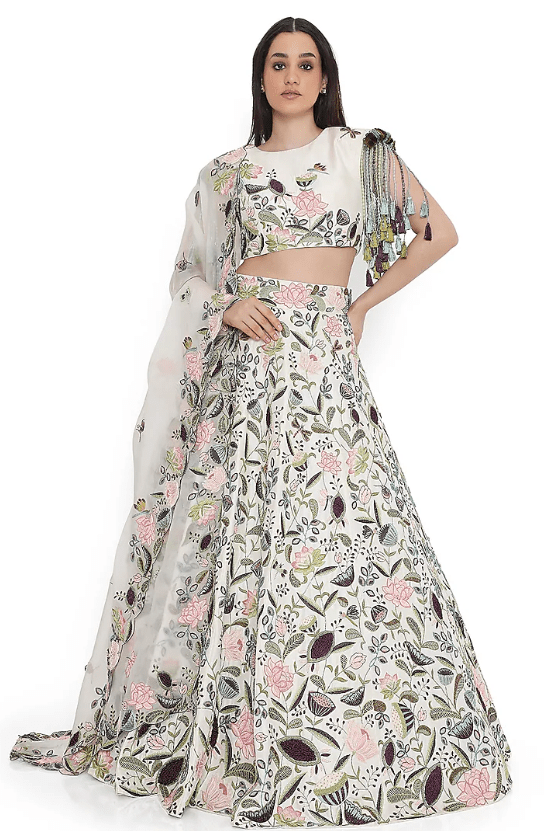 Ivory Dupion Silk Embroidered Lehenga Set