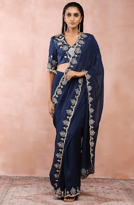 Navy Organza Pre-Stitched Saree Set