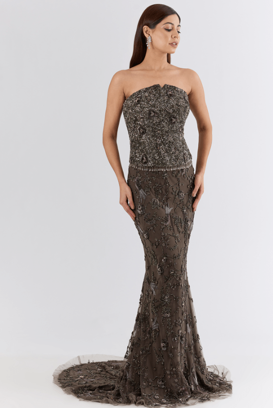 Brown Italian Tulle Sequin & Crystal Hand Embroidered Skirt Set
