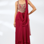 Red Chiffon Draped Saree Set