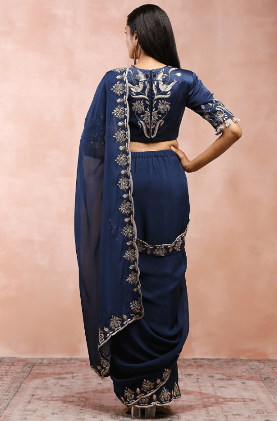 Navy Organza Pre-Stitched Saree Set - Image 2