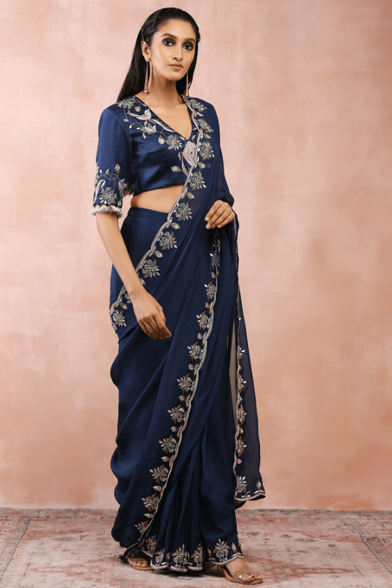 Navy Organza Pre-Stitched Saree Set - Image 3