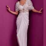 White Textured Satin Hand Embroidered Gown Saree