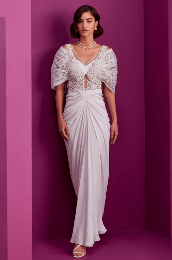 White Textured Satin Hand Embroidered Gown Saree - Image 2