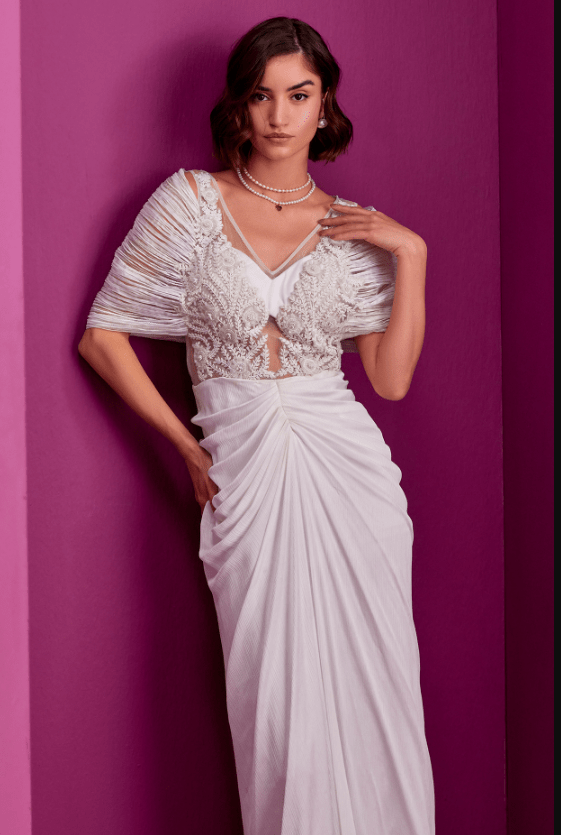 White Textured Satin Hand Embroidered Gown Saree - Image 3
