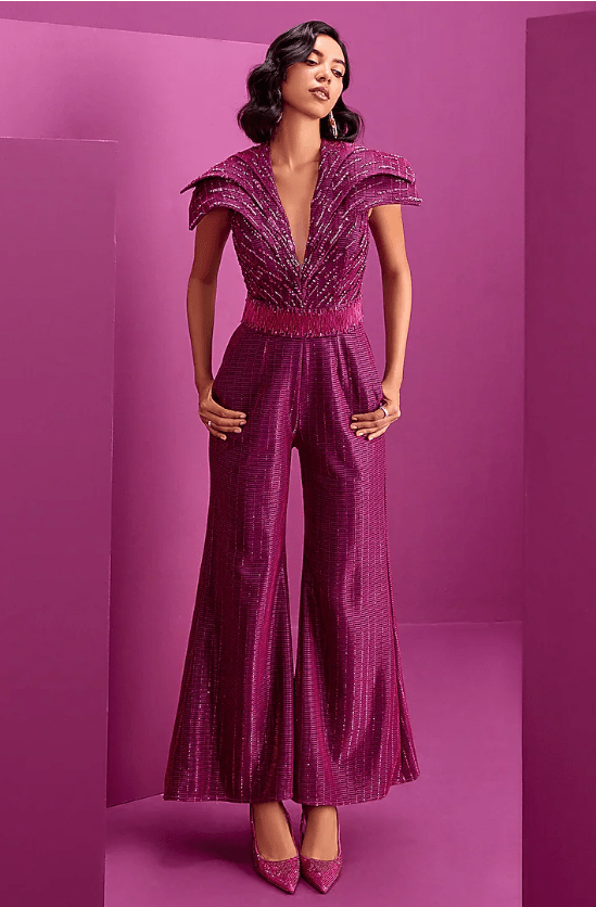 Hot Pink Textured Fabric Embroidered Jumpsuit