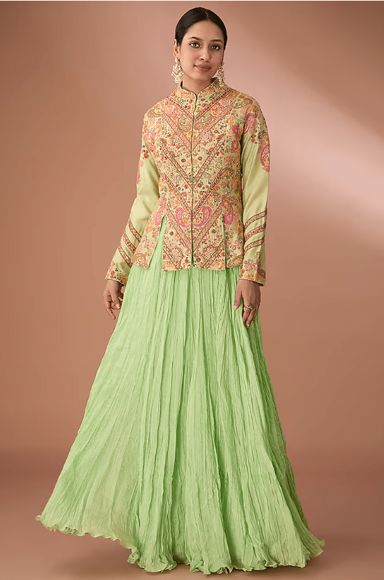 Green Chanderi Chevron Dori Embroidered Jacket Set