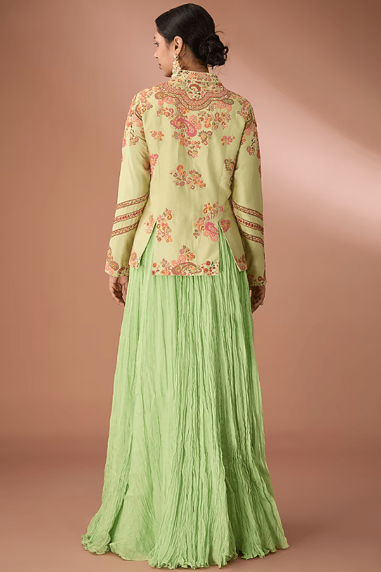 Green Chanderi Chevron Dori Embroidered Jacket Set - Image 2