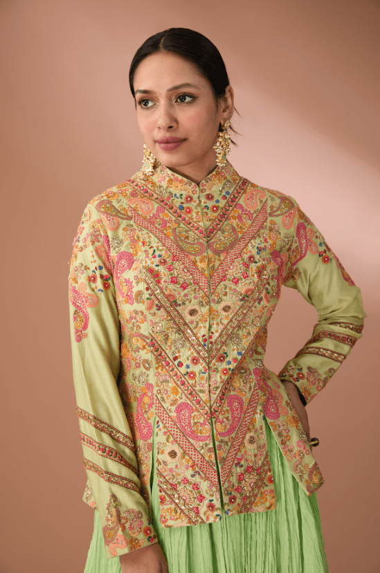 Green Chanderi Chevron Dori Embroidered Jacket Set - Image 4