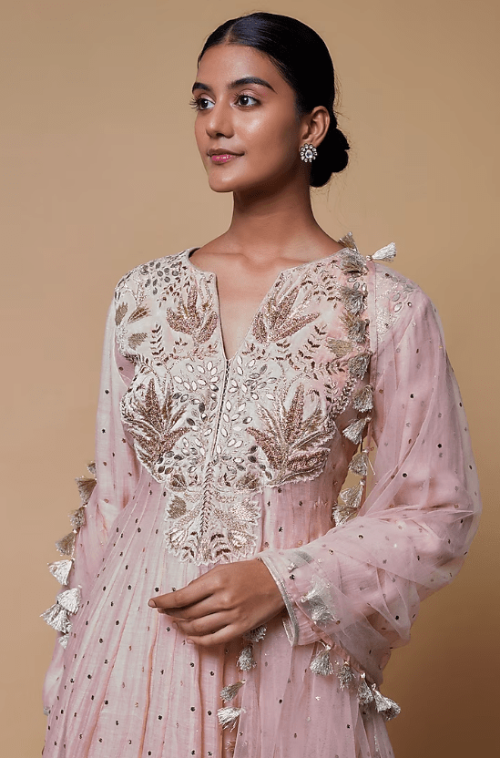 Blush Pink Mukaish Silk Mulmul Embroidered Anarkali Set - Image 4