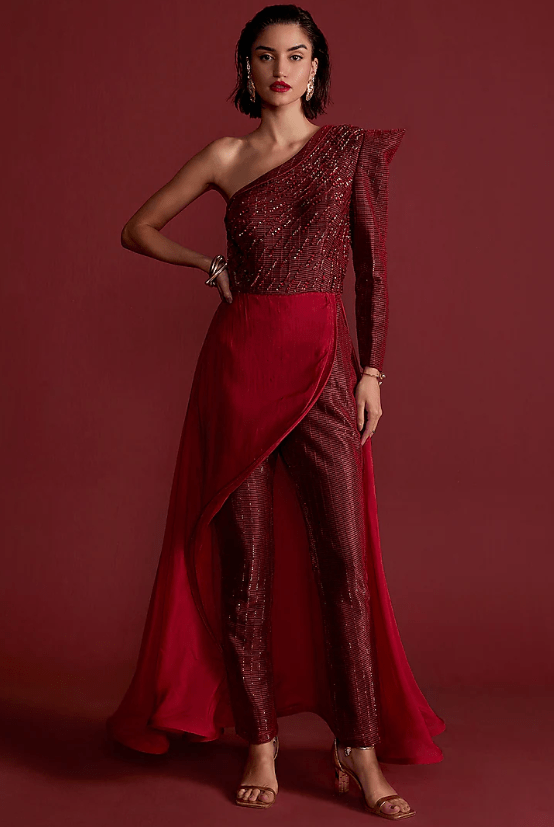 Red Textured Fabric Embroidered Jumpsuit