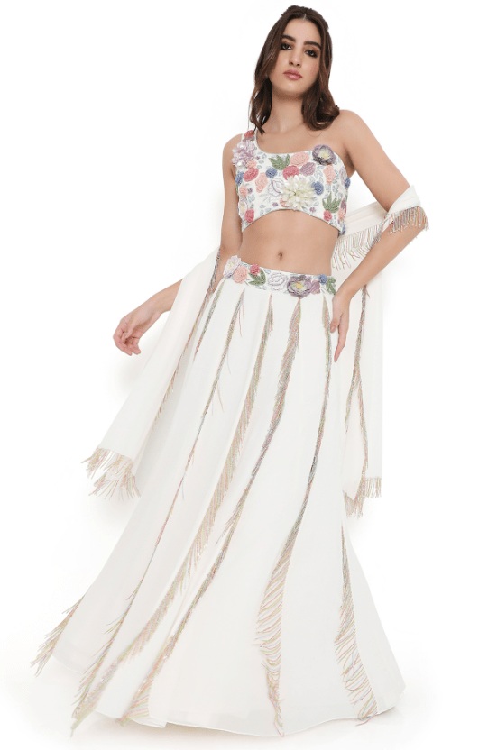 Off-White Georgette Embroidered Lehenga Set