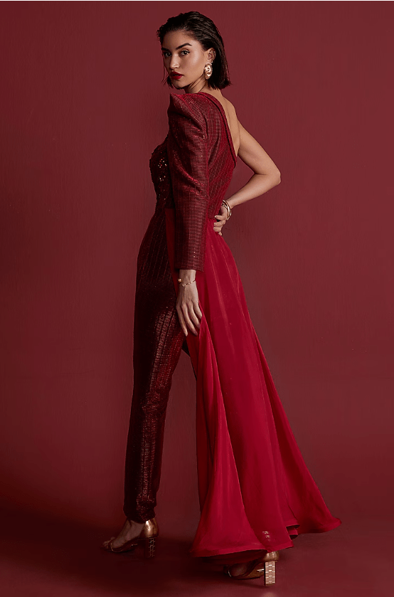 Red Textured Fabric Embroidered Jumpsuit - Image 2
