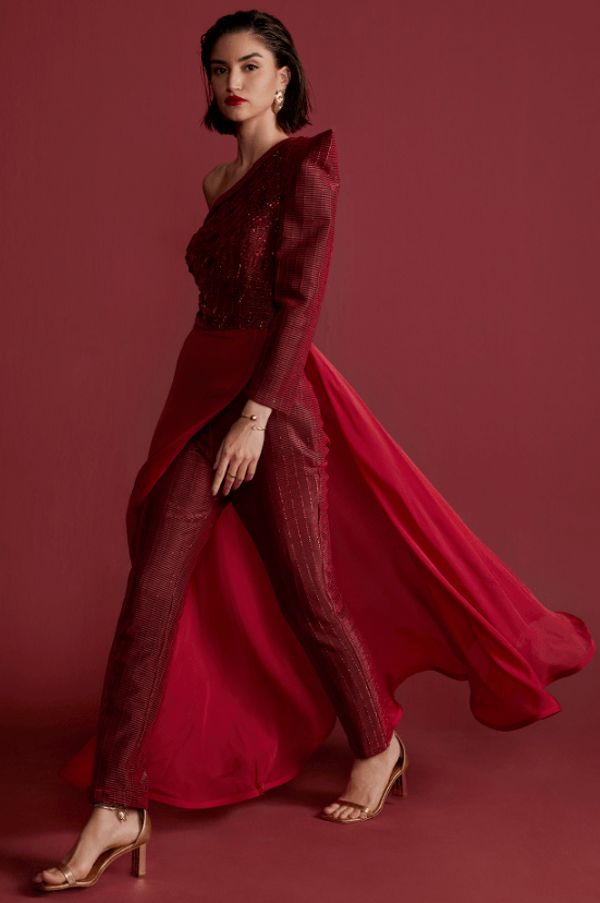 Red Textured Fabric Embroidered Jumpsuit - Image 3