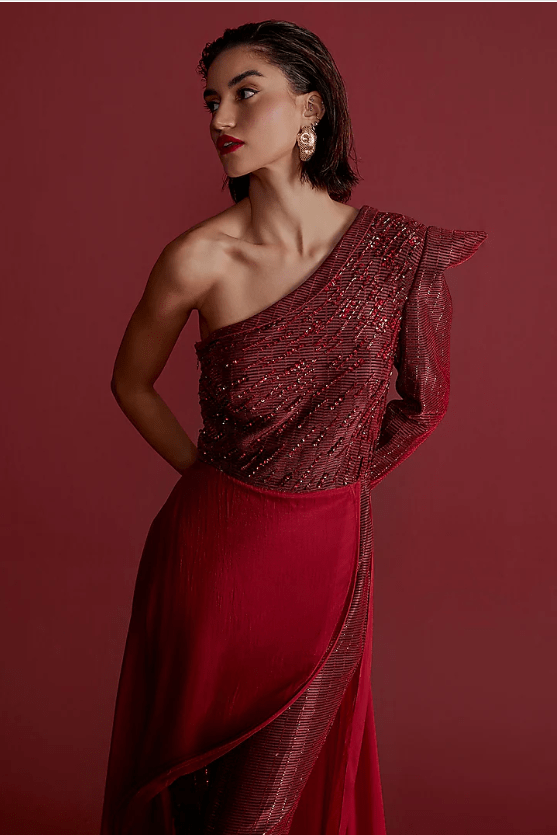 Red Textured Fabric Embroidered Jumpsuit - Image 4