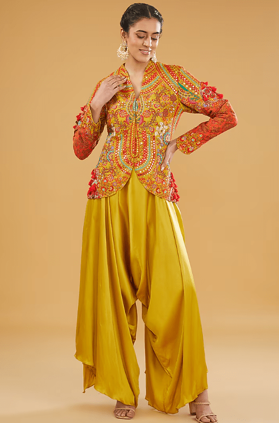 Mustard Chanderi Silk Mirror Work Short Jacket Set