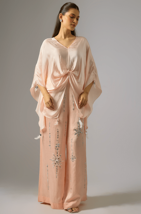 Light Peach Blended Linen Embroidered Trousers