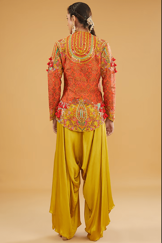 Mustard Chanderi Silk Mirror Work Short Jacket Set - Image 2