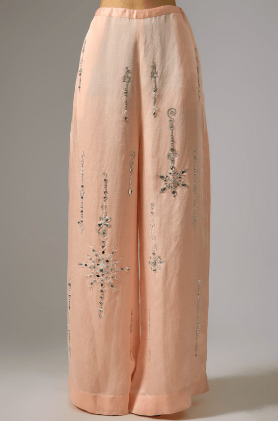 Light Peach Blended Linen Embroidered Trousers - Image 2