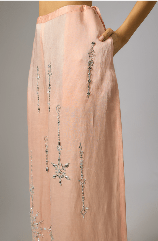 Light Peach Blended Linen Embroidered Trousers - Image 3