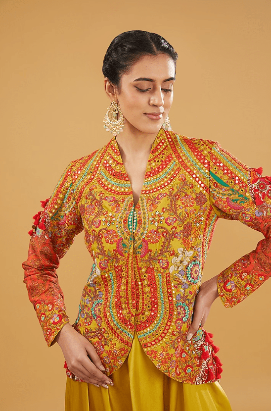 Mustard Chanderi Silk Mirror Work Short Jacket Set - Image 4
