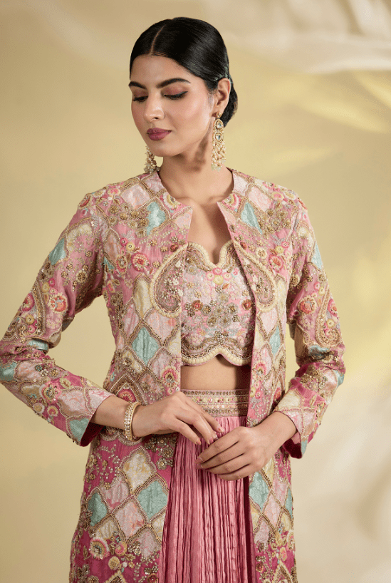 Lilac Brocade & Chanderi Patchwork Asymmetrical Ombre Jacket Set - Image 5