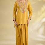 Yellow Satin & Dupion Silk Dhoti Skirt Set