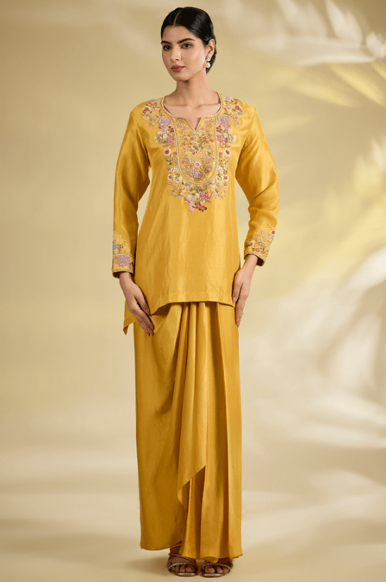 Yellow Satin & Dupion Silk Dhoti Skirt Set