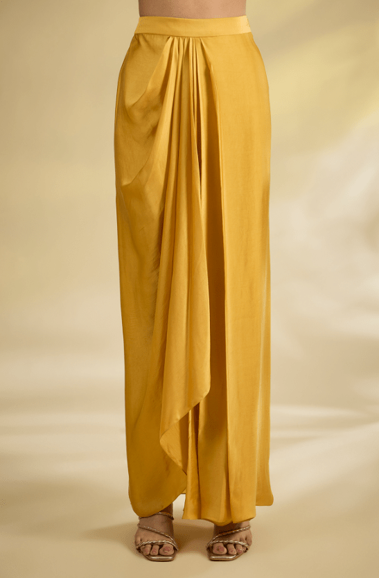 Yellow Satin & Dupion Silk Dhoti Skirt Set - Image 3