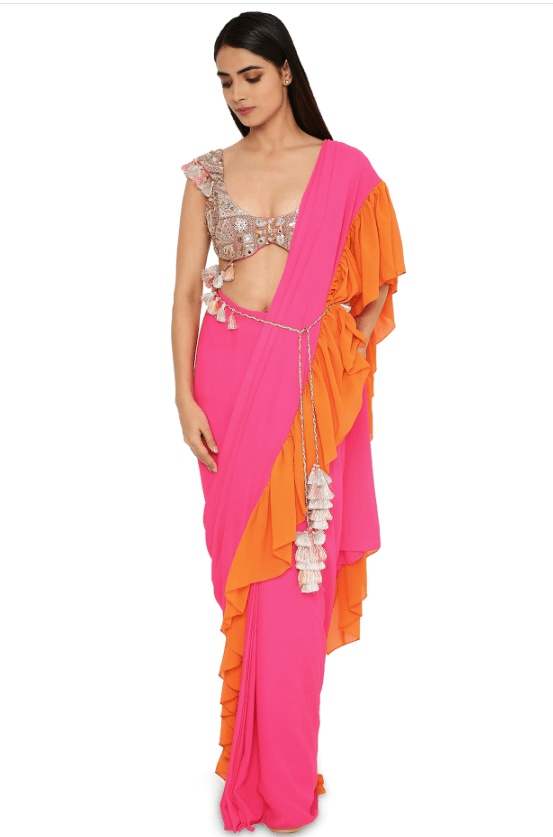 Hot Pink & Orange Georgette Frilled Pre-Stitched Saree Set