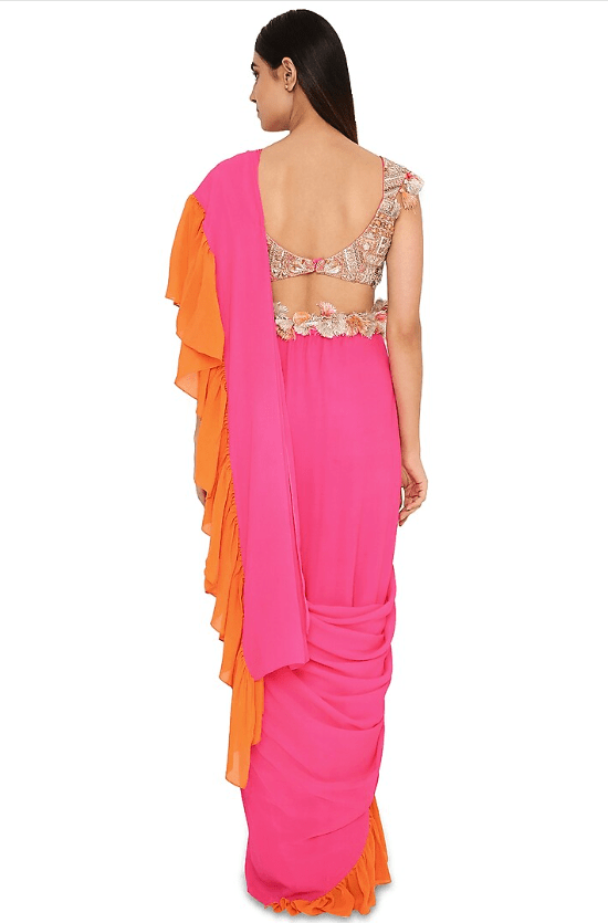 Hot Pink & Orange Georgette Frilled Pre-Stitched Saree Set - Image 2