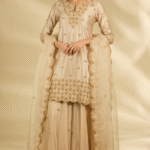 Pearl White Spun Organza Hand Embroidered Sharara Set