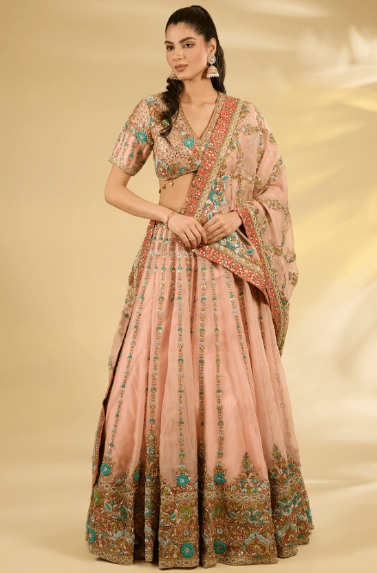 Powder Pink Silk Hand & Machine Embroidered Lehenga Set