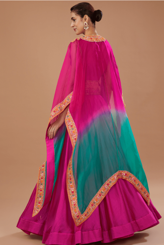 Pink Chanderi Embroidered Cape Set - Image 2