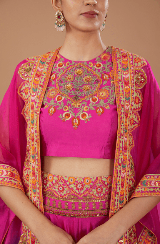 Pink Chanderi Embroidered Cape Set - Image 5