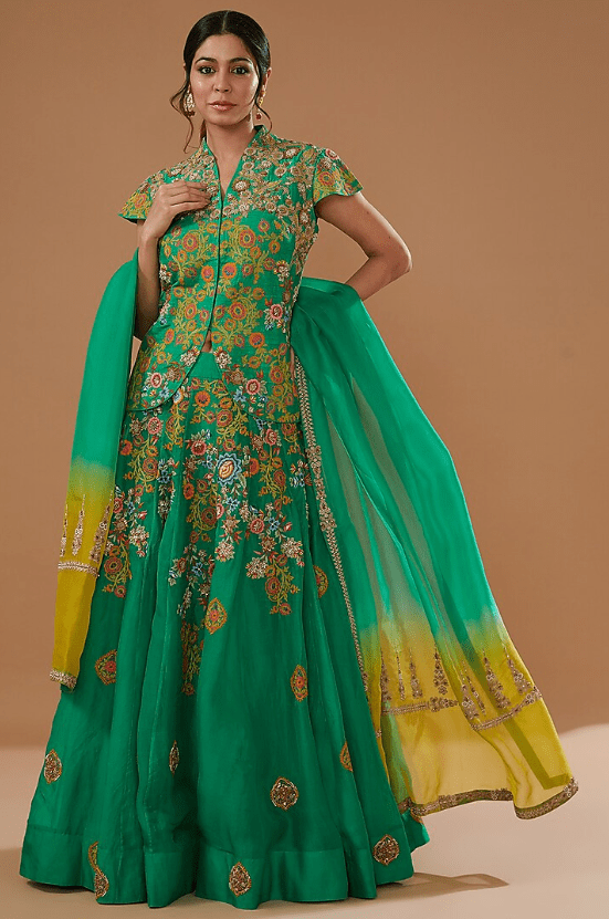 Green Raw Silk Embroidered Jacket Lehenga Set