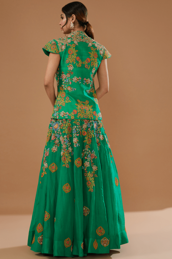 Green Raw Silk Embroidered Jacket Lehenga Set - Image 2