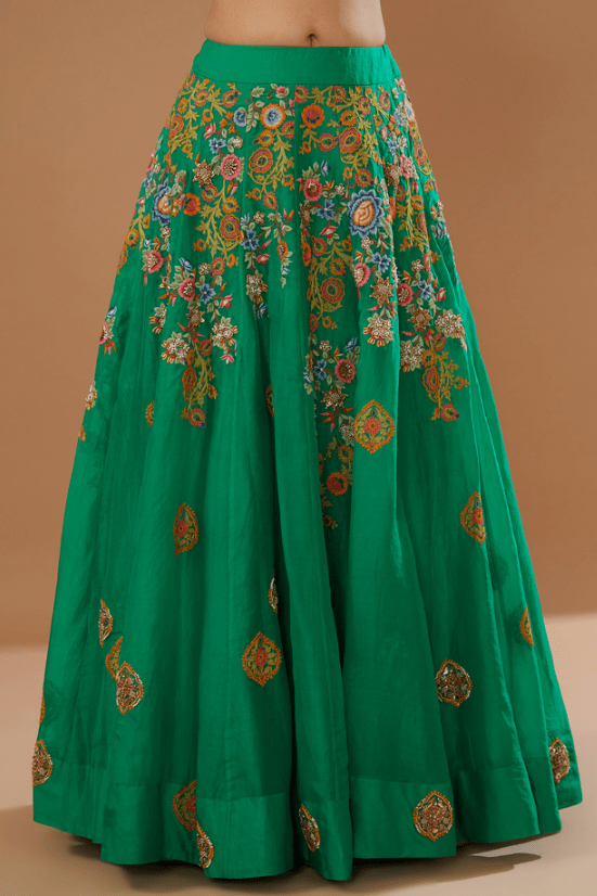 Green Raw Silk Embroidered Jacket Lehenga Set - Image 3
